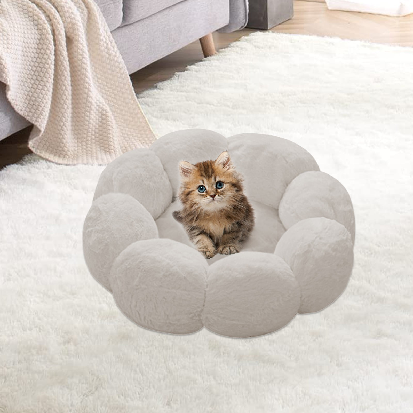 Nebwoak Round Cat Bed Warm Rounded Petals Calming Dog Cats Bed Cuddler Warming Cozy Soft Bed Faux Furs Cushion Bed for Small Medium Dogs and Cats
