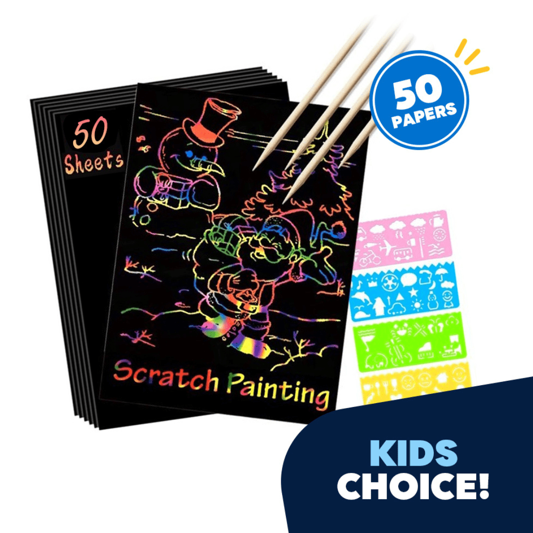 Ayabay Scratch Paper Art Set, 50 Sheets Rainbow Card Scratch Art, Black Scratch it Off Paper Crafts Notes with 5 Wooden Stylus and 4 Stencils for Kids DIY Christmas Birthday Gift Card