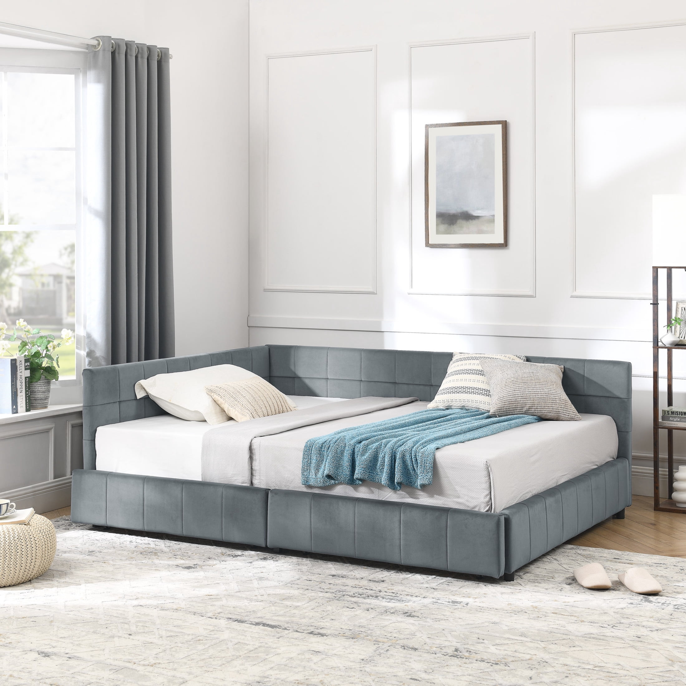 Noble House Carola Full Size Velvet Daybed Frame, Tufted Upholstered Sofa Bed with Underbed Storage Drawers, Gray