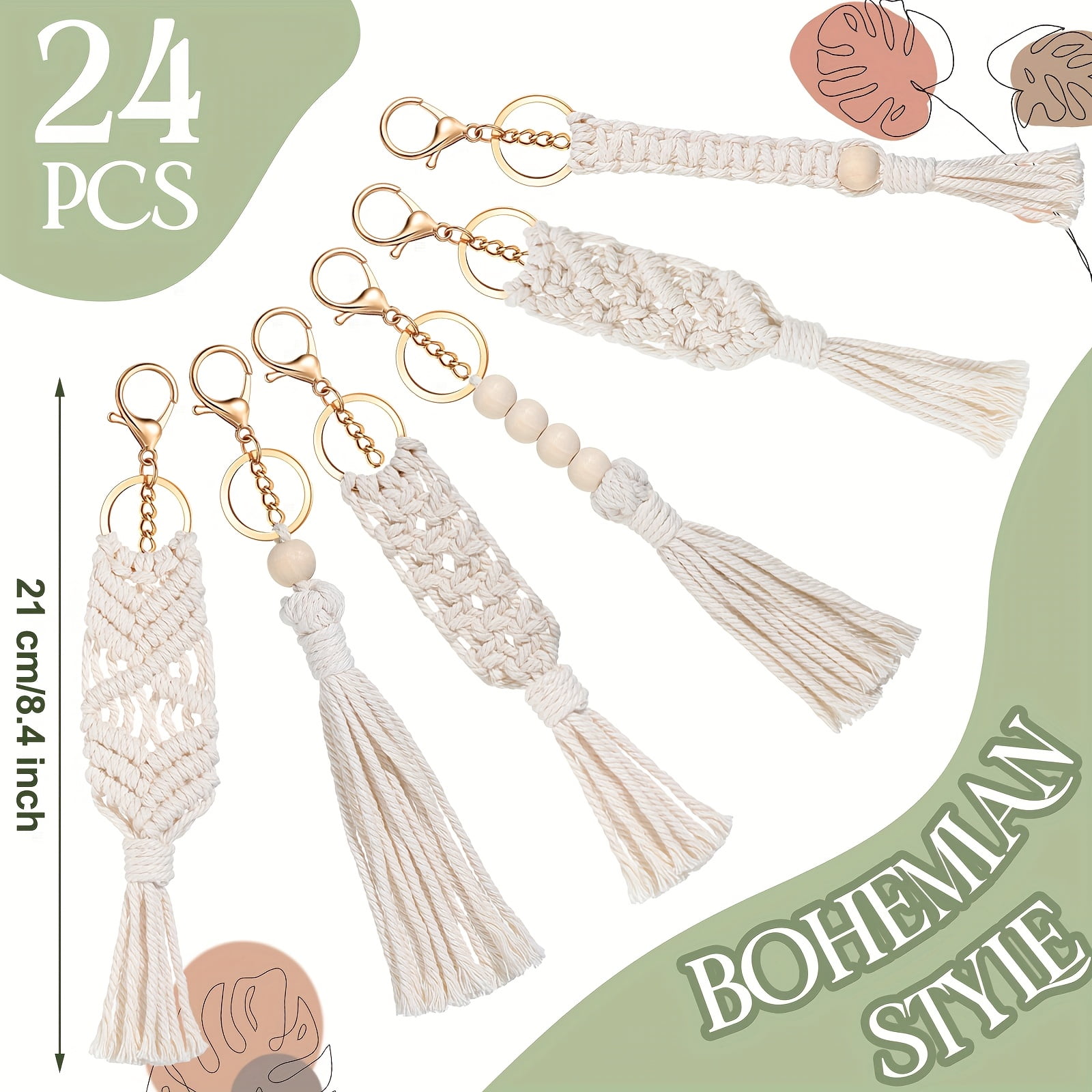 24 Pcs Boho Tassel Keychain Set, Beige Woven Macrame Keychain Charms with Gold Key Rings, Handmade Bag Charm Accessories for Women, Bohemian Party Favor Wedding Gift Bulk