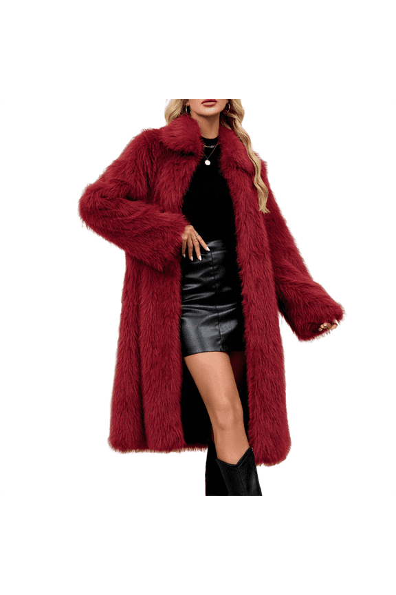 Womens Winter Faux Fur Long Coat Oversize Fuzzy Long Outerwear Fashion Luxury Warm Jacket Overcoat Wine XL