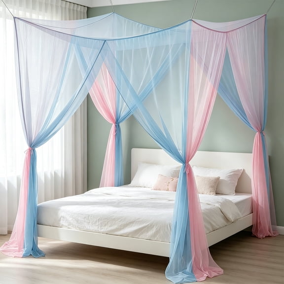 Pink Blue Canopy Bed Curtains with Lights - Princess Bed Canopy for Girls - Bed Drapes Netting- Bedroom Decoration