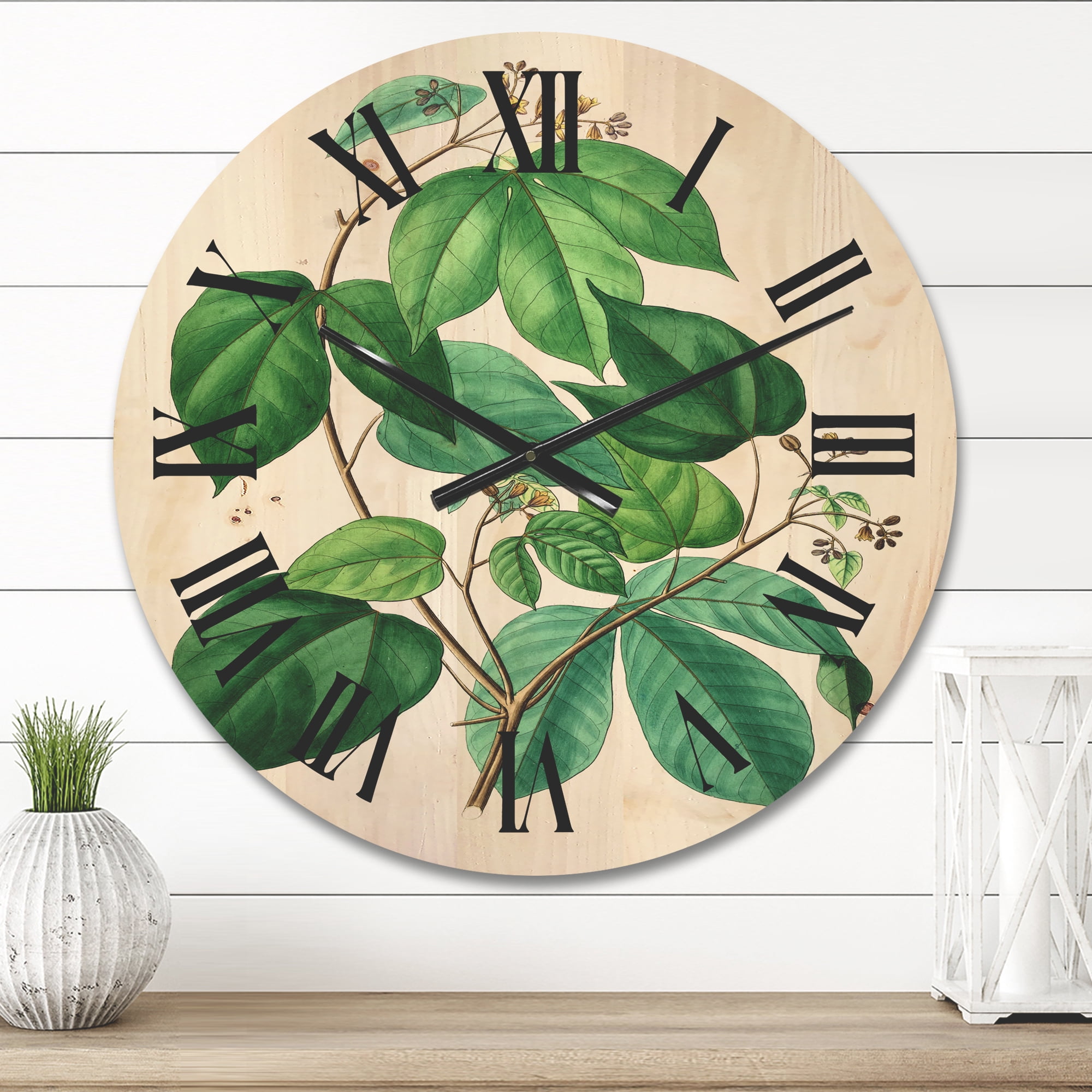 Designart 'Ancient Green Leaves Plants III' Traditional Wood Wall Clock