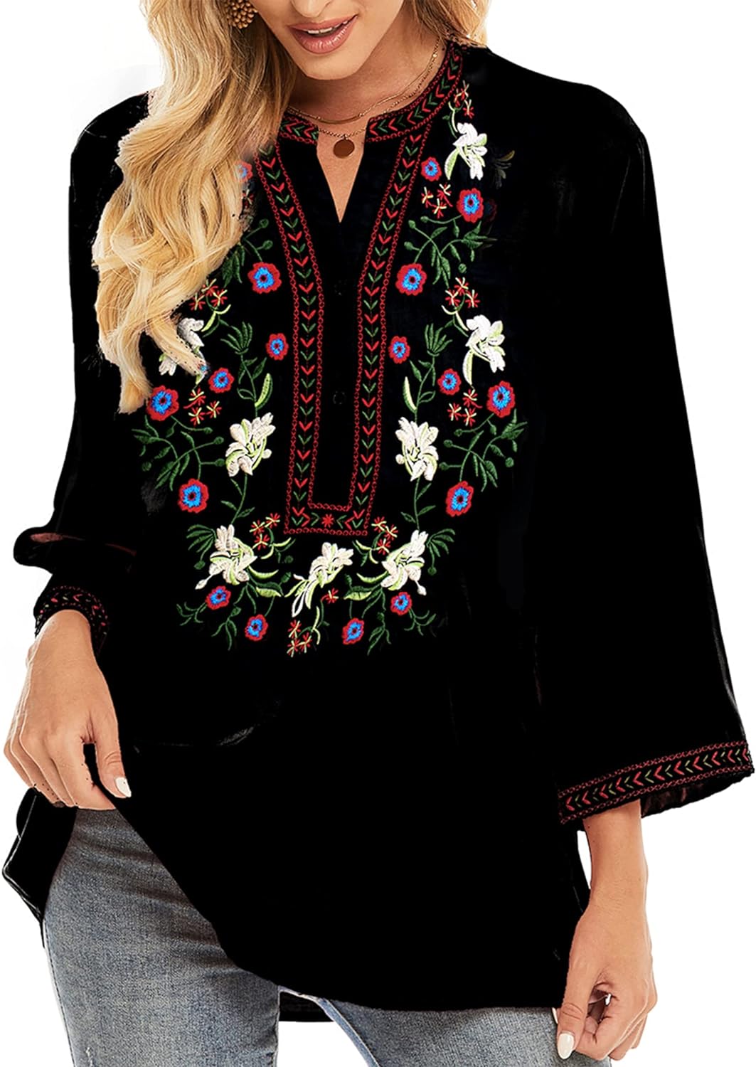Mexican Embroidered Women's Shirts Mexico Peasant Boho Tops 3/4 Sleeves ...