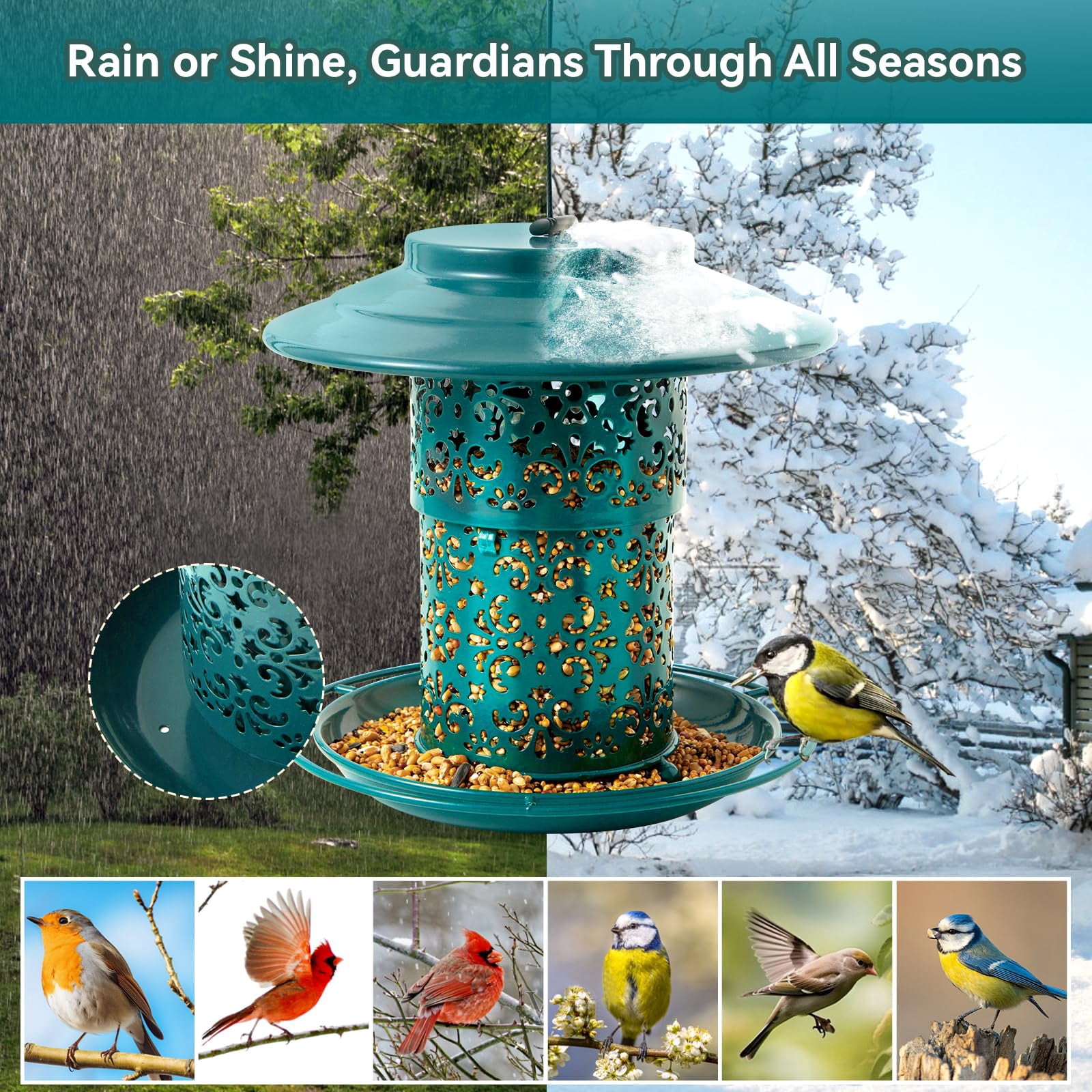 Metal Bird Feeders for Outdoors Hanging, Weather Resistant Wild Bird Feeder with 360 Degree Feeding Tray
