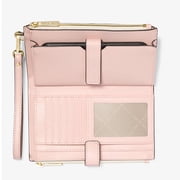 Michael Kors Jet Set Travel Leather Logo Large Double Zip Wristlet Wallet (Vanilla/Powder Blush)