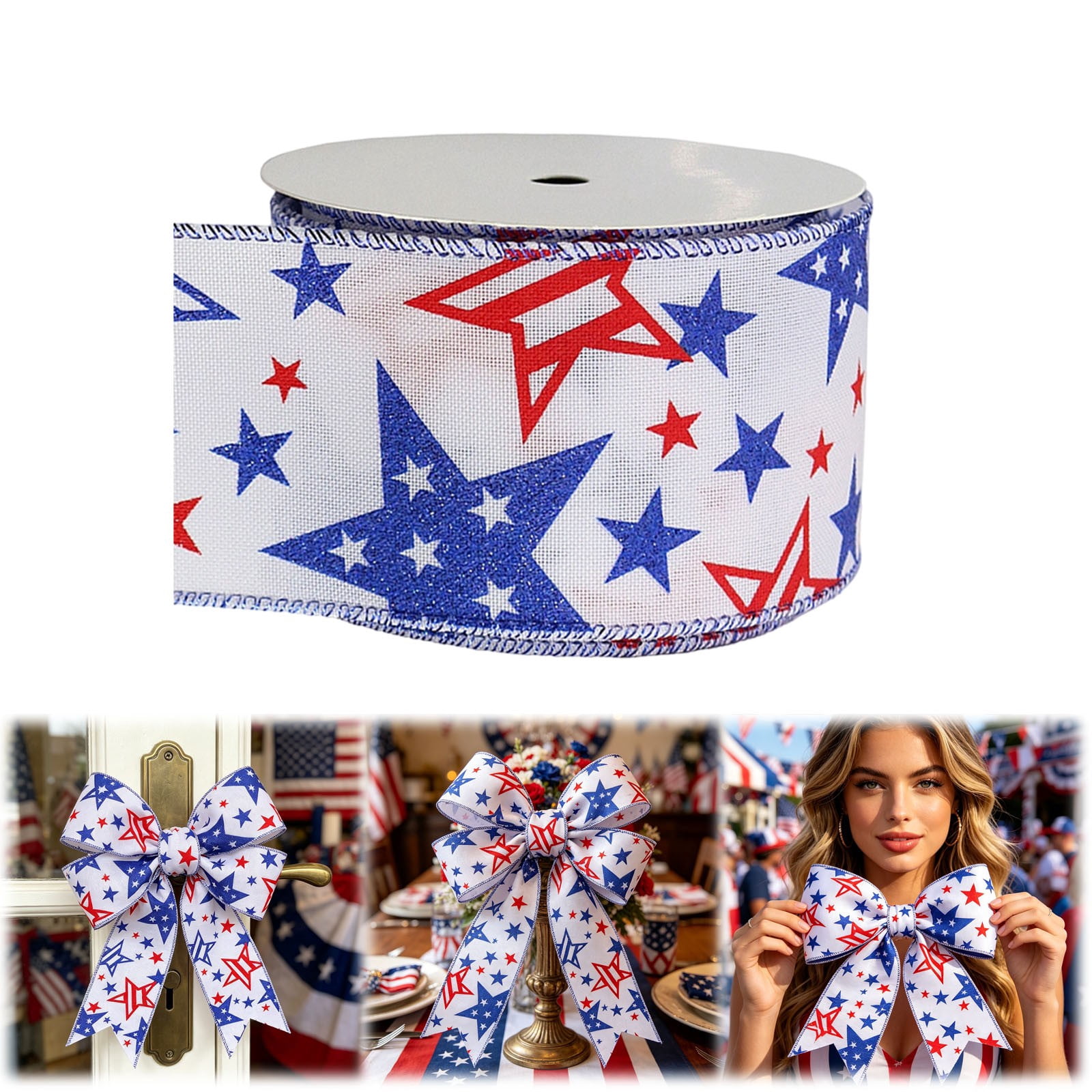 Gnwei 2.5 Inches x 10 Yards Red White Blue Patriotic Glitter Wired Ribbon – Gold Stars and Stripes Design (Striped Star) – 4th of July Ribbons for Holiday Decorations