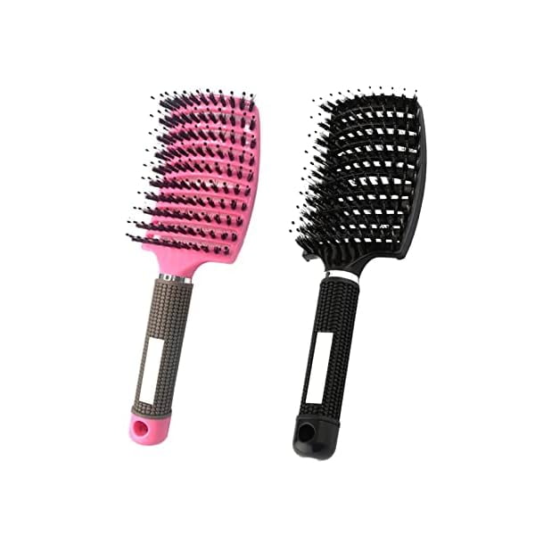 wonima11 Hair Brush, 2 Pack Boar Bristle, Vented, Curved, Fast Blow Drying, Detangling, Shine & Smooth, All Hair Types, Unisex, Pink & Black