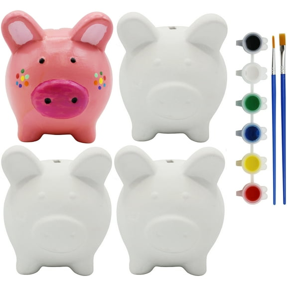 Creative Hobbies 4 Pack of Ready to Paint Ceramic Bisque Piggy Banks for Kids - Includes Paint, Brushes and How to Guide | Piggy Bank