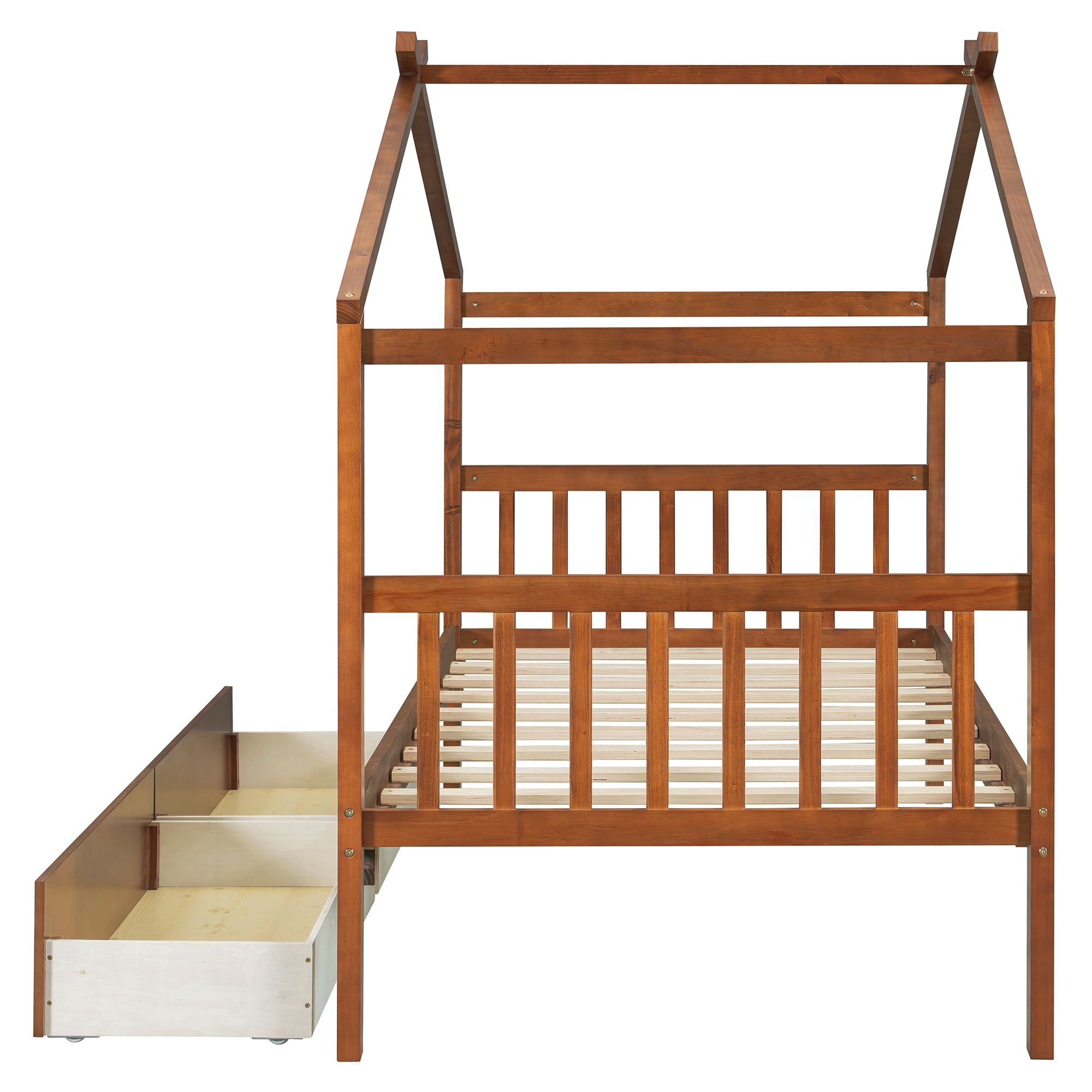 Aukfa Twin Size House Bed with Two Storage Drawers for Kids, Solid Wood Montessori Bed Frame, Walnut