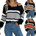 thumbnail image 2 of Contrast Color Striped Long Puff Sleeve Women's Pullover Casual Loose Fit Sweater Cold Shoulder Metal Buckled Jumper Top, 2 of 9