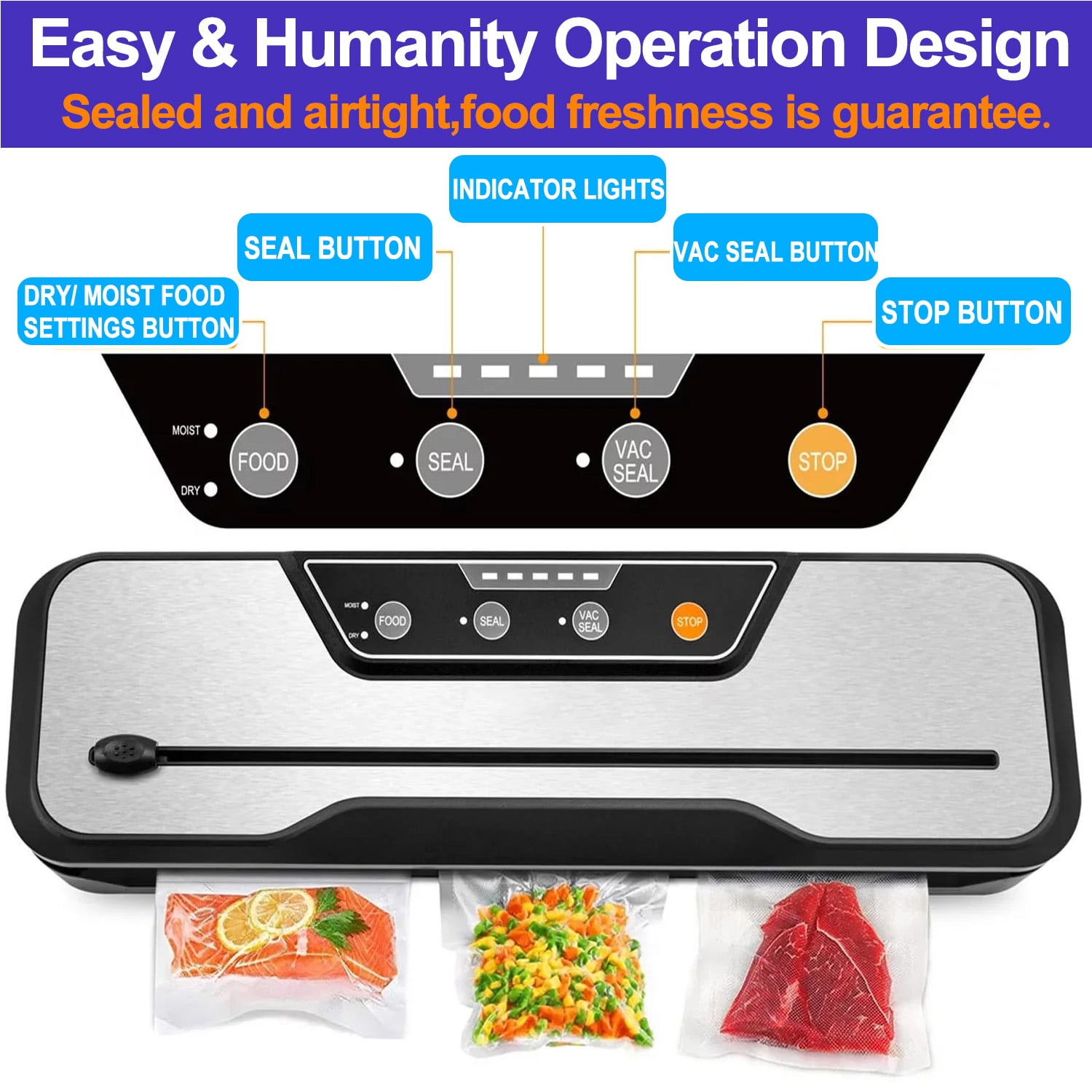 Food Vacuum Sealer Machine with 2 Rolls Food Vacuum Sealer Bags, Food Storage Saver Dry & Moist Food Modes, Led Indicator Lights, Easy to Clean, Compact Design