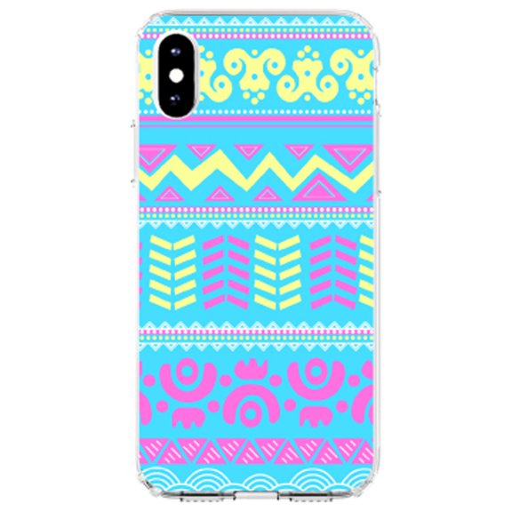 DistinctInk Clear Shockproof Hybrid Case for iPhone XS Max (6.5" Screen) - TPU Bumper, Acrylic Back, Tempered Glass Screen Protector - Yellow Pink Blue Aztec Tribal
