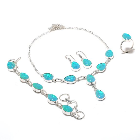 Natural Blue Triplet Opal Gemstone 925 Sterling Silver Jewelry Set