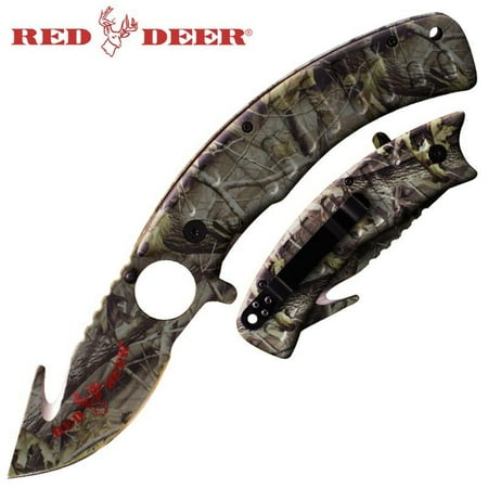 Red Deer Gray Camo Assisted Opening Gut Hook Pocket Hunting (Best Knives For Butchering Deer)