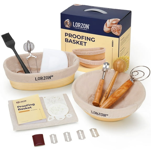 Banneton Proofing Basket Set of 2, 10 Inch Round & Oval Cane Bread Proofing Baskets with Sourdough Bread Baking Supplies, Bread Making Kit