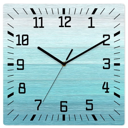 Wall Clock Teal Wood Grain Operated Square Clocks Wooden Silent Non-Ticking Wallclock 12 Inch Coastal Ocean Horizon Wood Wall Clock for Living Room Bedroom Office Shool Home Decor
