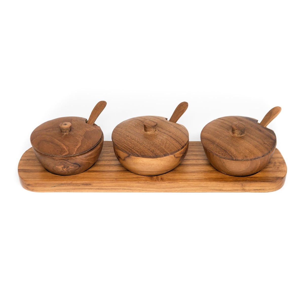 Teak Wood Condiment Bowl with Lid and Tray Set