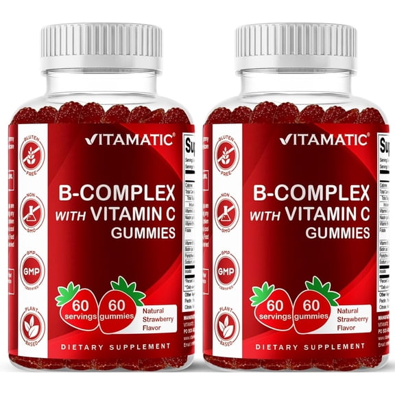 Vitamatic Vitamin B Complex Gummies with Vitamin C & Inositol – Natural Strawberry Flavor – 60 Gummies per Bottle (Pack of 2) – Energy, Stress & Immune Support
