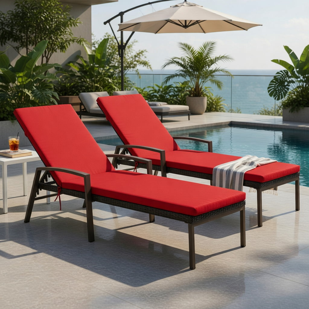 Hommoo 2-Pack Adjustable Outdoor Lounge Chairs with Removable Cushions, Steel Frame, PE Rattan, Weather-Resistant Patio Seating, Red