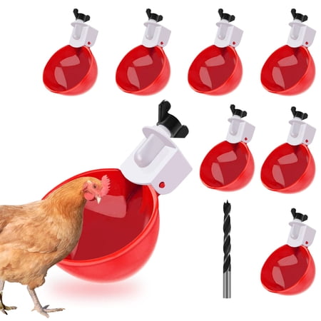 Asunby Chicken Water Cups (8-pack/Red) - Food-Grade Plastic Automatic, for Ducks, Chicks, Turkeys, Quails, Rabbits, Birds & Poultry, with Mounting Hole Opener