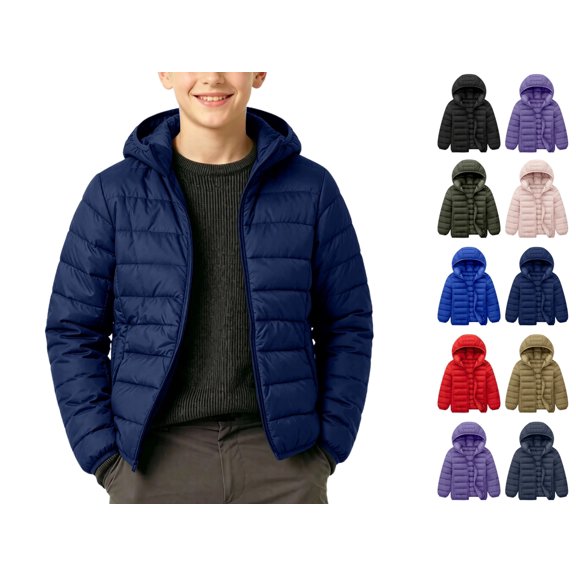 YgkuHd Boys and Girls Hooded Lightweight Puffer Jacket Solid Color Zip Up Casual Windproof Winter Coat for Teens 9-17 Years