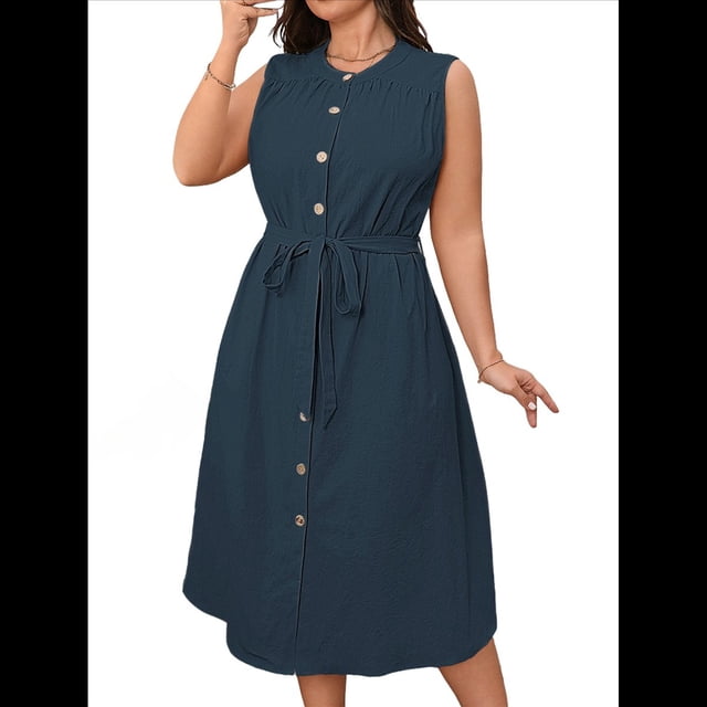 Vestidos de Verano de Talla Grande - Vestido Informal Sin Mangas con Cuello Redondo y Botones para Mujer Azul Oscuro XL
