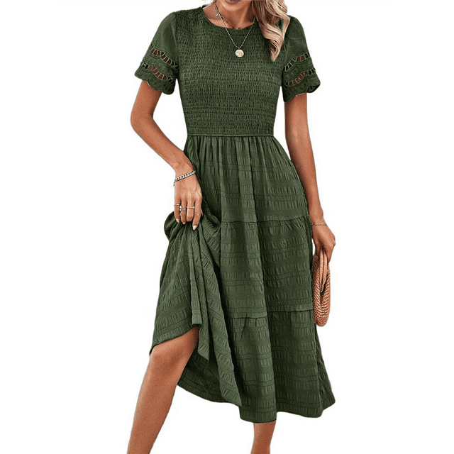Vestido Elegante de y Verano para Mujer, Color Liso, con Cuello Redondo y Aberturas Verde S