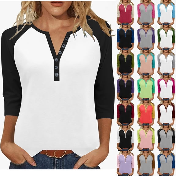 Auralook Women's Casual 3/4 Sleeve T Shirts Button V Neck Tunic Blouses Color Block Basic Tee Tops Loose Fit Summer Shirt
