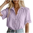 thumbnail image 2 of Mifsaly Button Down Shirts Women Crochet Lace Trim Elegant Business Casual Tops Short Sleeve V Neck Collar Blouses for Work office Summer Vacation Outfits Purple,M, 2 of 7