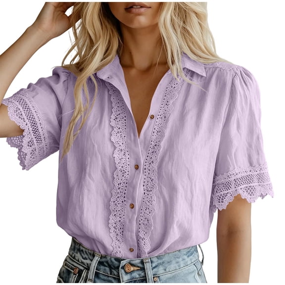 fheaev Button Up Shirts for Women Solid Color Lapel Lace Short Sleeve Work Tops Summer Outfits Purple 2XL