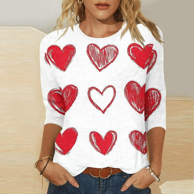 RKSTN Women's Valentines T Shirts Oversized Crewneck Valentine's Day Graphic Printed 3/4 Length Sleeve Shirt Tops Womens Casual Round Neck Loose Comfy Loves Heart Print Three Quarter Sleeve Shirts