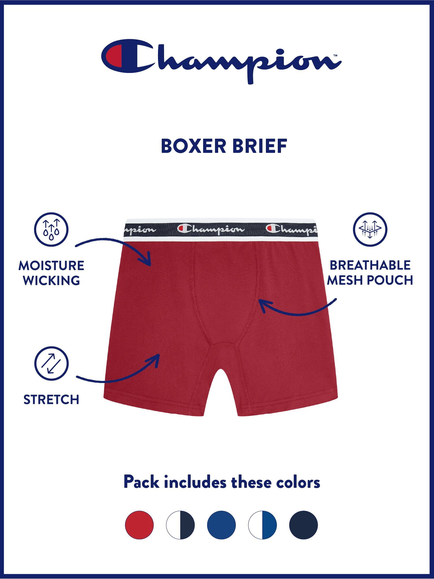 Champion Boys’ Softest Touch Classic Boxer Briefs, 5 Pack, Sizes XS–XL