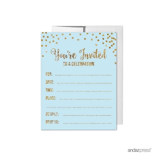 Koyal Wholesale Light Blue Gold Glitter Boy 1st Birthday Paper Invitations, Blank Cards with Envelopes, 20-Pack