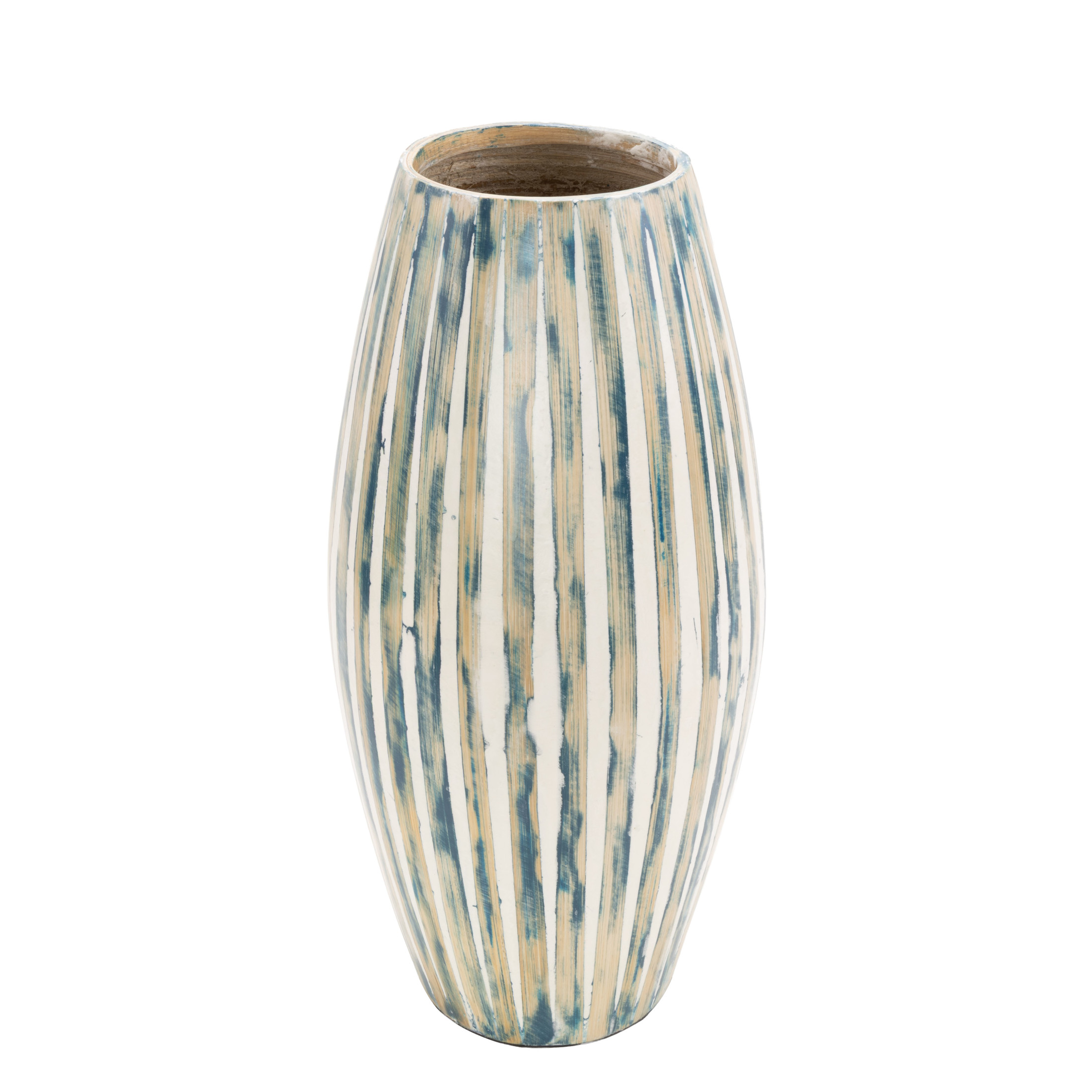 DecMode 17" Brushed Blue Bamboo Wood Vase with Cream Accents and White Stripes