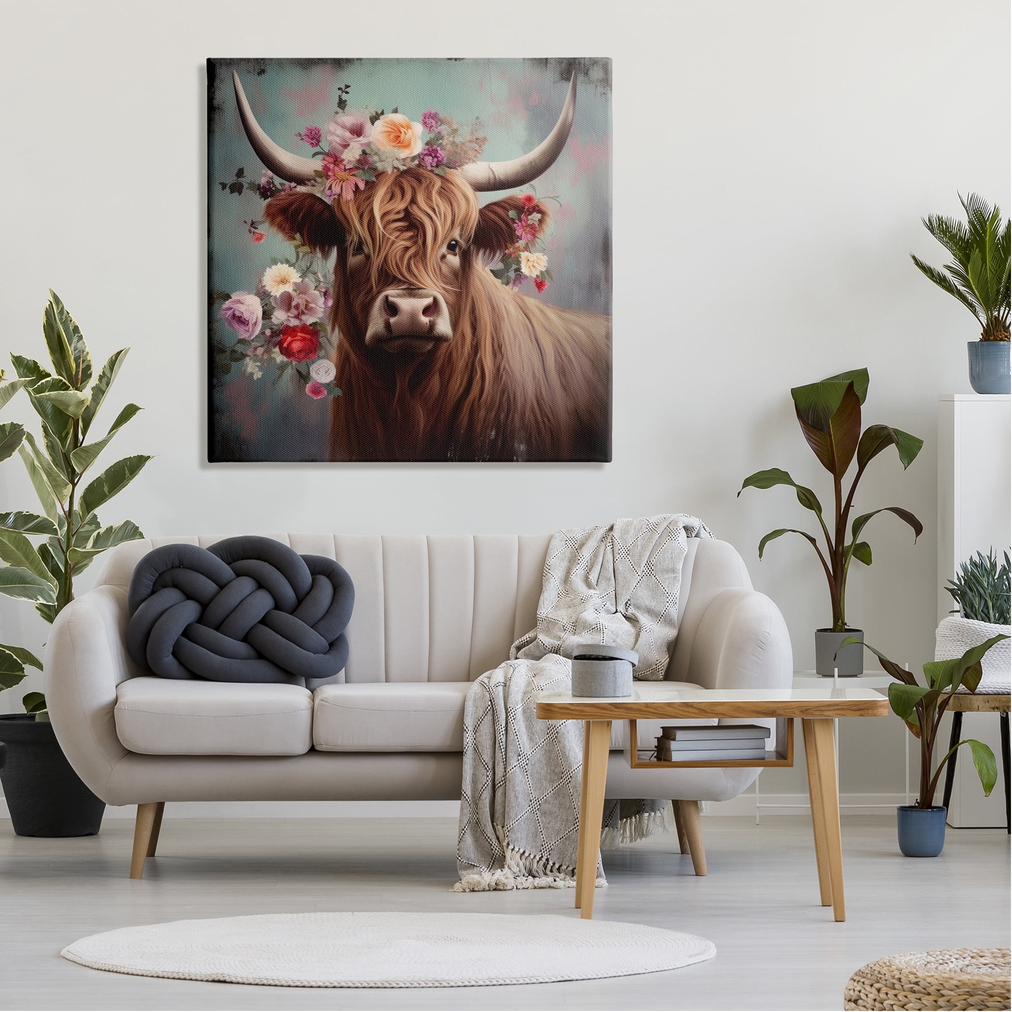 Stupell Industries Cow with Vintage Florals Animals & Insects Painting Gallery Wrapped Canvas Art Print Wall Art, 36 x 36