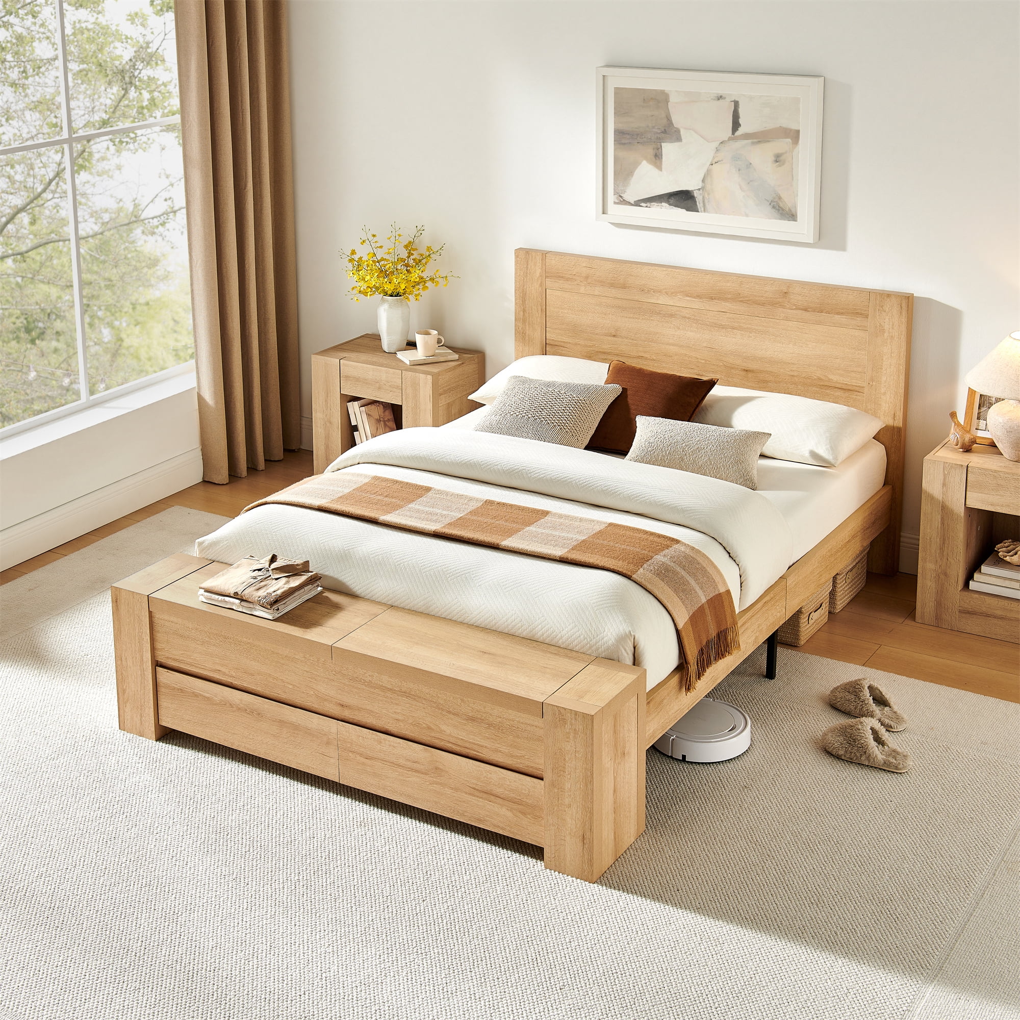 KeyWhat Modern Queen Size Storage Bed Frame with Panel Headboard, Footboard Storage Bench, Built-In Drawers, Lift-Up Compartments, No Box Spring Needed, Natural Oak