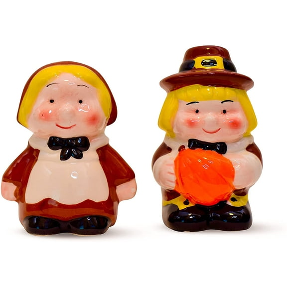 Holiday Salt and Pepper Shakers, Pilgrim Couple Holiday Ceramic Set, Thanksgiving Decor, Barclay?s Buys