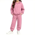 thumbnail image 2 of Amidoa Girls 2 Piece Outfits Fall Winter Clothes Fleece Solid Color Hooded Long Sleeve Sweatshirt and Pants Kids Clothing Sets Pink Size 11-12 Years, 2 of 7
