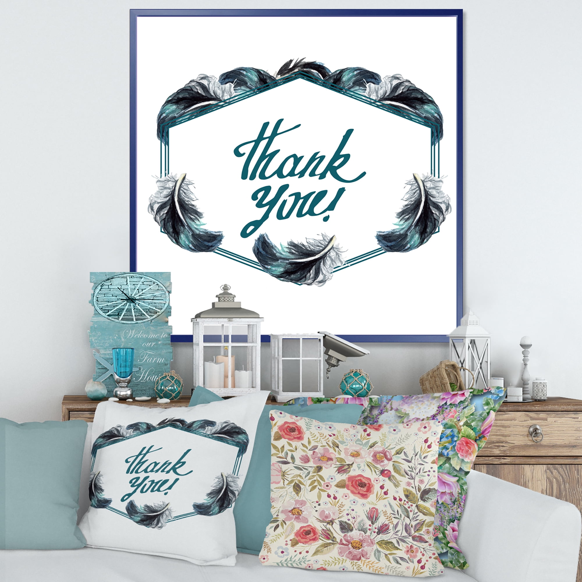 Designart 'Black Boho Art Feathers Thank You' Bohemian & Eclectic Framed Canvas Wall Art Print