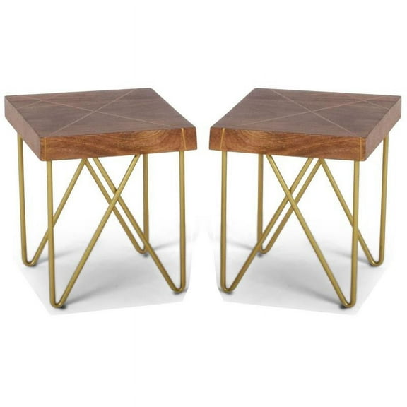 Home Square 22" Square End Table in Warm Brown Pine and Brass - Set of 2