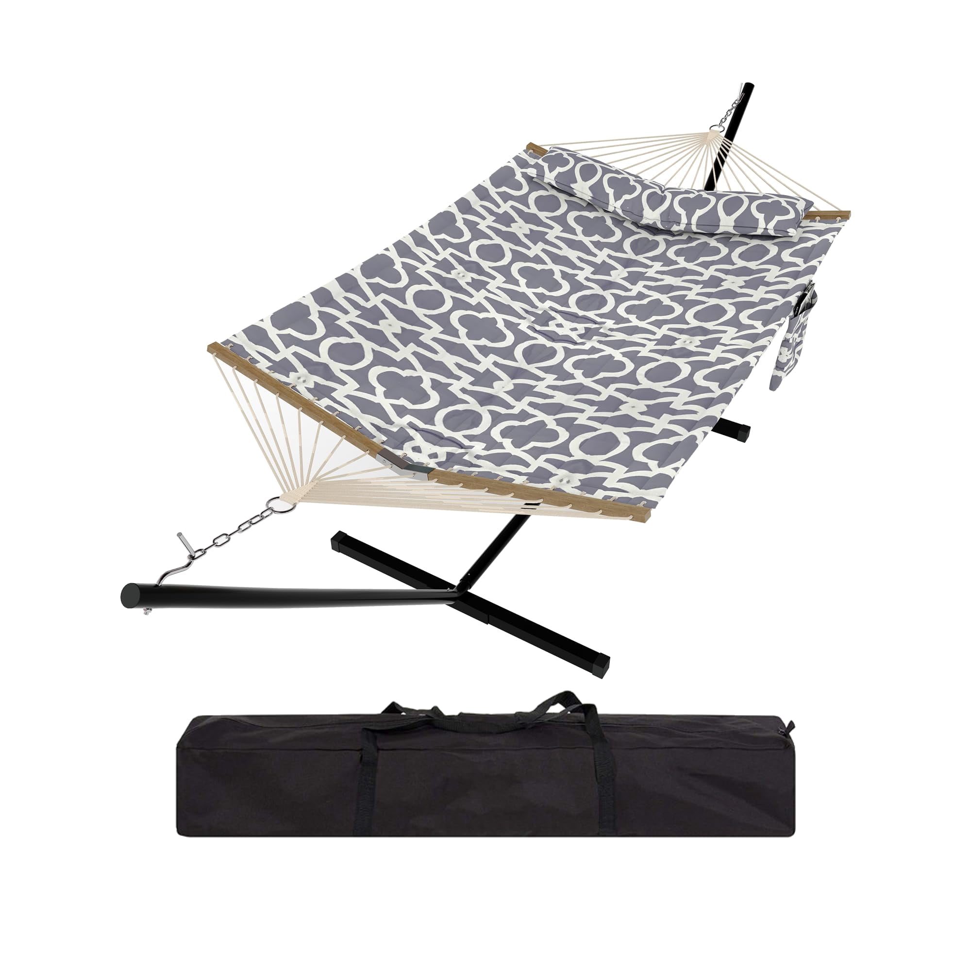 12FT Double Hammock with Stand - Heavy Duty 450LB Capacity, Weather-Resistant Quilted Polyester, Hardwood Spreader Bar & Carry Bag, Comfortable for Garden, Backyard, Beach - Light Grey Texture Color