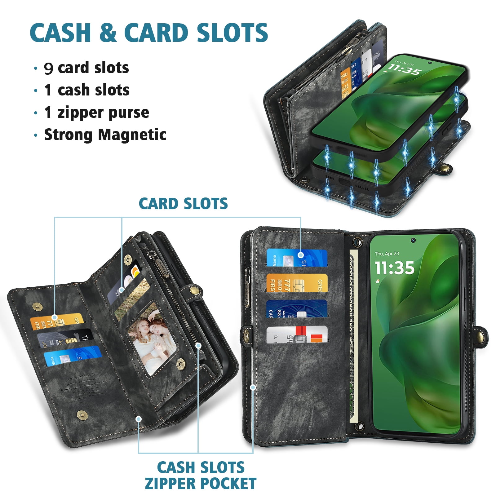 Asuwish Phone Case for Motorola Moto G Power 5G 2025 Zipper Wallet Detachable Cell Cover with Tempered Glass Screen Protector Crossbody Lanyard Strap Flip Card Holder Slot XT2515-1 Women Girls Black