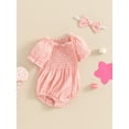 thumbnail image 3 of Bagilaanoe Newborn Baby Girl Summer Rompers Plaid Short Sleeve Off Shoulder Bodysuits + Headband 3M 6M 12M 18M Infant One Piece Jumpsuit, 3 of 7