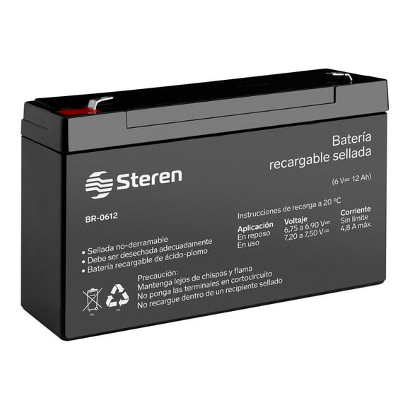 Batería sellada de ácido-plomo, 6 Vcc 12 Ah Steren BR-0612