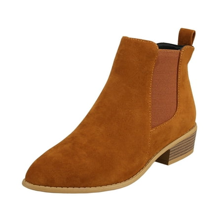 

Puawkoer Ladies Fashion Solid Color Suede Pointed Side Zipper Thick Heel Short Boots