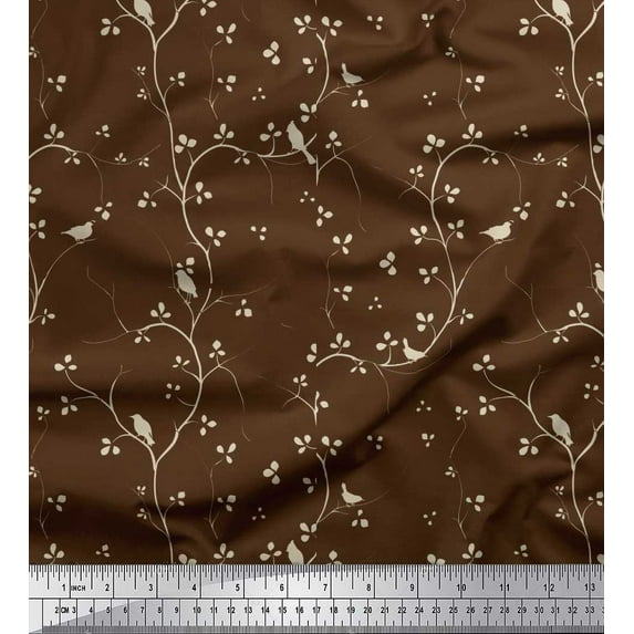 Soimoi Velvet Fabric Branches,Leaves & Bird Printed Craft Fabric by the Yard 58 Inch Wide