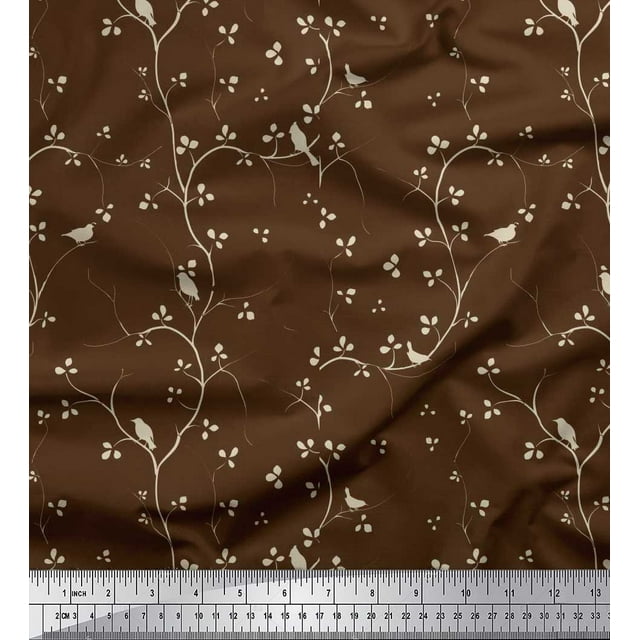 Soimoi Rayon Crepe Fabric Branches,Leaves & Bird Print Fabric by Yard 46 Inch Wide