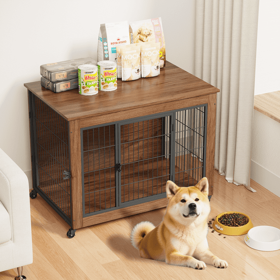 Dog Crate Furniture with Wheels, Wooden Indoor Pet Kennel End Table, Heavy Duty Double Door Metal Dog Cage with Brake Casters, Ventilated Safe Crate for Small & Anxious Dogs