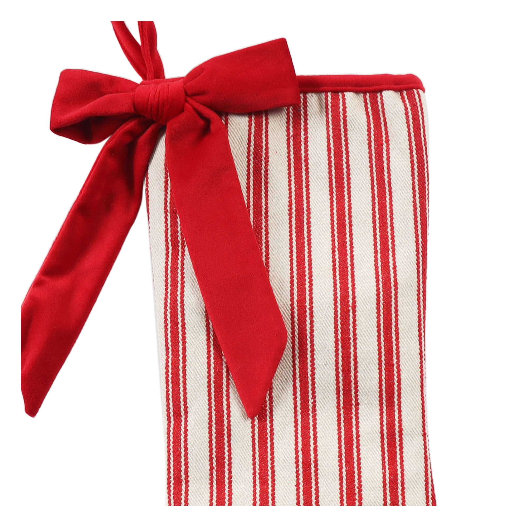 Chaussette de Noël Stripe, 21 pouces, couleur rouge Temps de vacances 21 pouces Bas à rayures, base de matériau en lin, crème et tissu à rayures rouges, un grand arc rouge attaché au bas, utilisation pour la décoration de Noël.